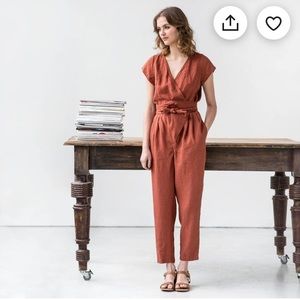 notPERFECTLINEN size small wrap linen jumpsuit. Color “emerald”. Never worn